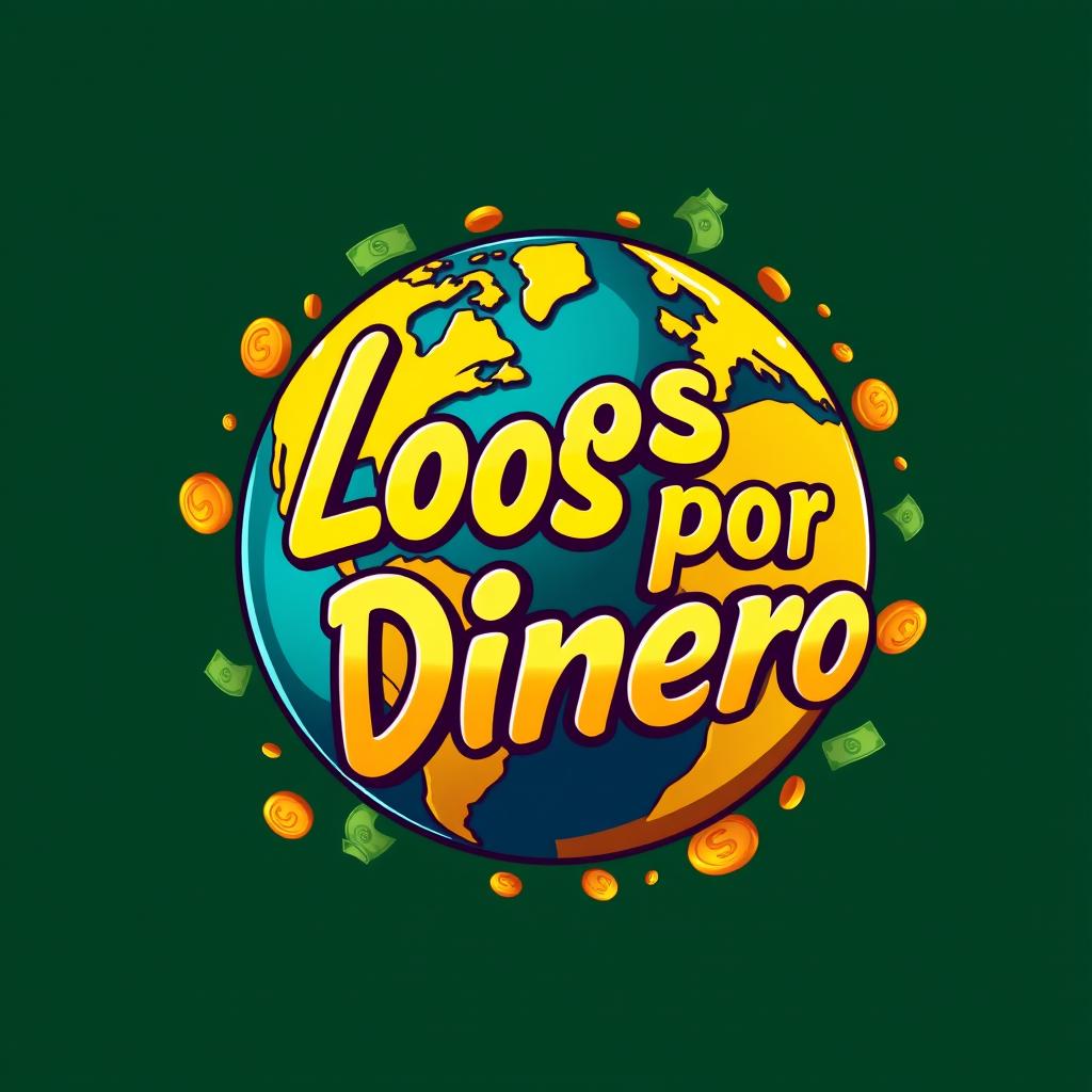 A vibrant and creative logo designed to represent a medium-sized globe with the words 'Locos por Dinero' artistically integrated into the design