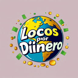 A vibrant and creative logo designed to represent a medium-sized globe with the words 'Locos por Dinero' artistically integrated into the design