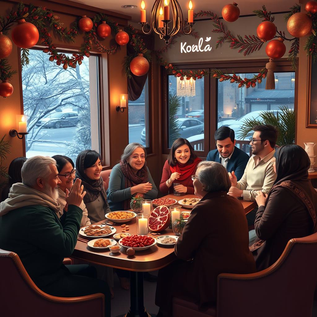 A cozy café scene celebrating the Persian festival of Yalda