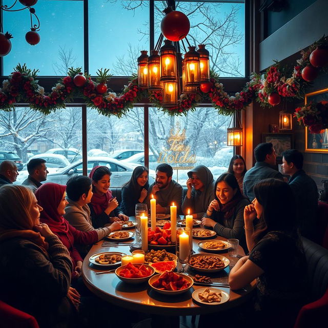 A cozy café scene celebrating the Persian festival of Yalda