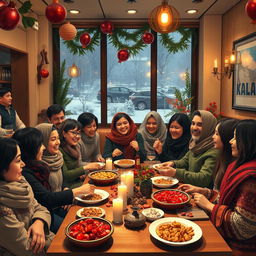A cozy café scene celebrating the Persian festival of Yalda