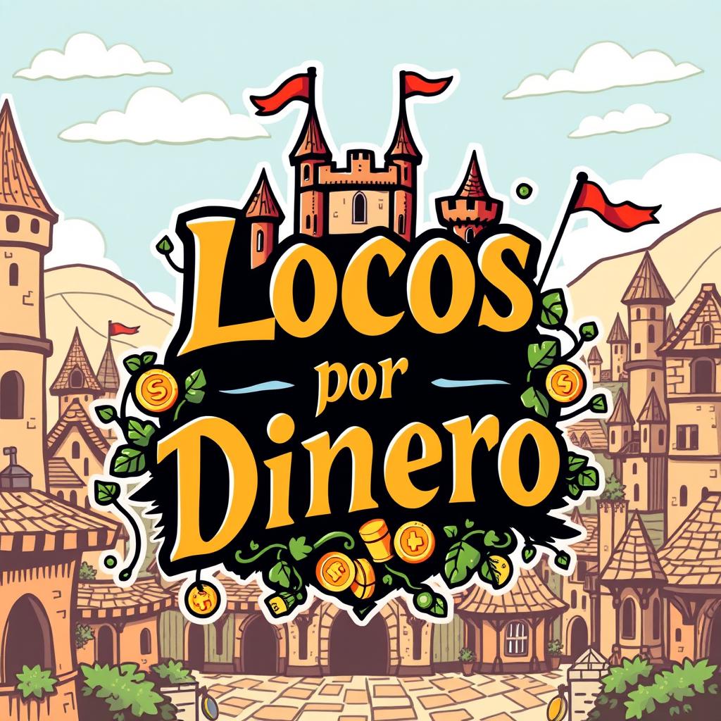 A vibrant and creative logo design set in a medieval world theme, featuring bold, stylized text that reads "Locos por Dinero"