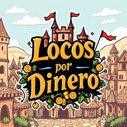 A vibrant and creative logo design set in a medieval world theme, featuring bold, stylized text that reads "Locos por Dinero"