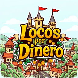 A vibrant and creative logo design set in a medieval world theme, featuring bold, stylized text that reads "Locos por Dinero"