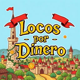 A vibrant and creative logo design set in a medieval world theme, featuring bold, stylized text that reads "Locos por Dinero"