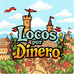 A vibrant and creative logo design set in a medieval world theme, featuring bold, stylized text that reads "Locos por Dinero"