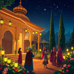 An enchanting Persian chele night scene depicting an intricately designed traditional courtyard illuminated by soft, glowing lanterns