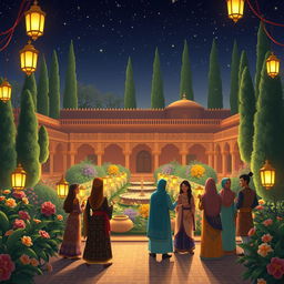 An enchanting Persian chele night scene depicting an intricately designed traditional courtyard illuminated by soft, glowing lanterns