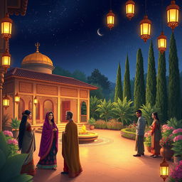 An enchanting Persian chele night scene depicting an intricately designed traditional courtyard illuminated by soft, glowing lanterns