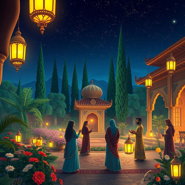 An enchanting Persian chele night scene depicting an intricately designed traditional courtyard illuminated by soft, glowing lanterns