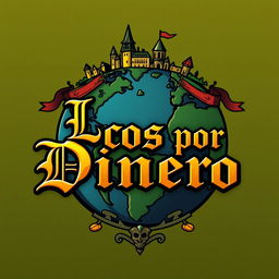 A medieval-themed logo featuring a stylized globe representing a fantastical world