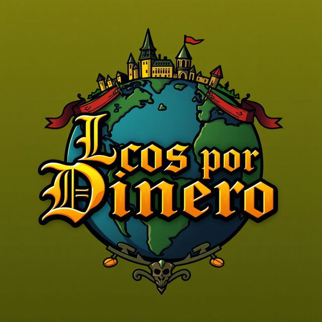 A medieval-themed logo featuring a stylized globe representing a fantastical world