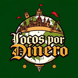 A medieval-themed logo featuring a stylized globe representing a fantastical world
