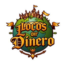 A medieval-themed logo featuring a stylized globe representing a fantastical world