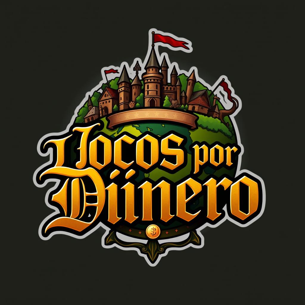 A medieval-themed logo featuring a stylized globe representing a fantastical world