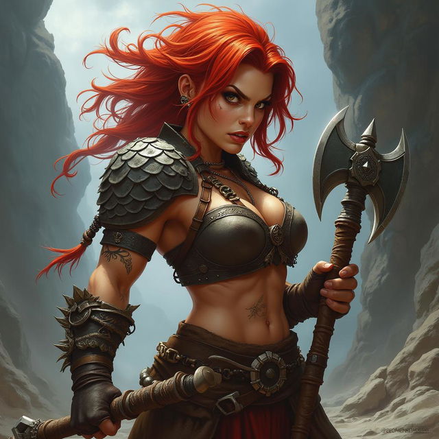 An angry D&D inspired female dwarf barbarian with fiery red hair, styled wildly