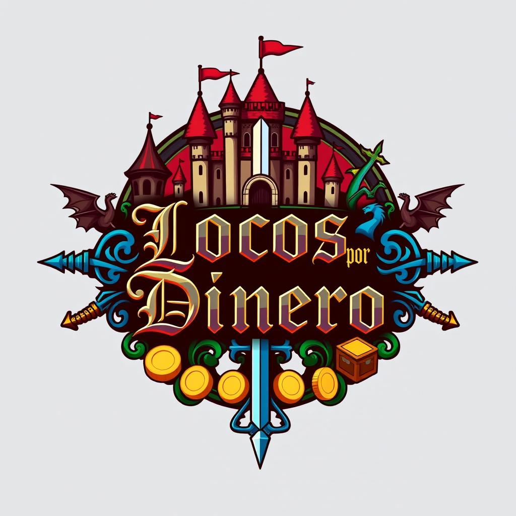 A medieval-themed logo featuring an intricate design that showcases mythical elements such as castles, dragons, and swords