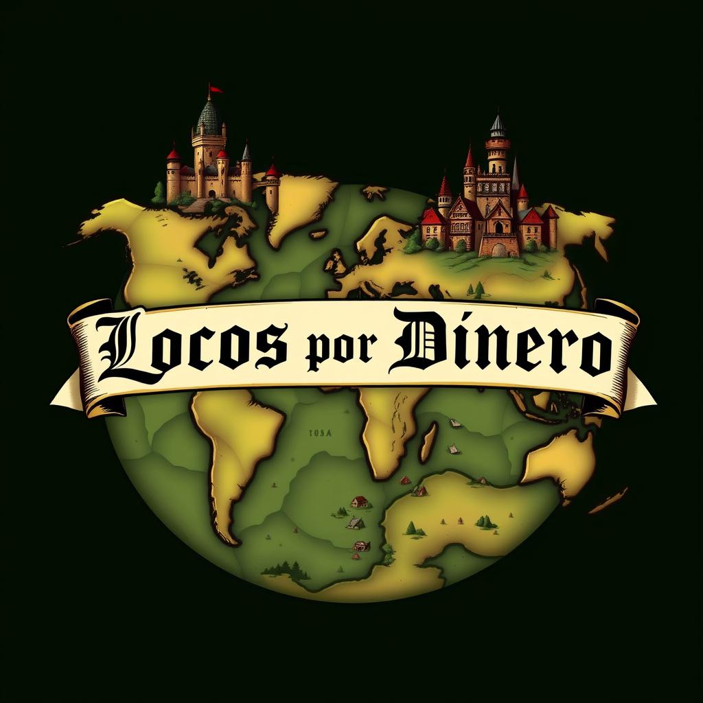 A medieval-themed logo featuring an intricately designed world map that combines elements of fantasy and historical architecture, with a banner across it that reads 'Locos por Dinero' in bold, ornate lettering