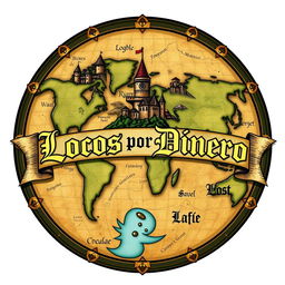 A medieval-themed logo featuring an intricately designed world map that combines elements of fantasy and historical architecture, with a banner across it that reads 'Locos por Dinero' in bold, ornate lettering