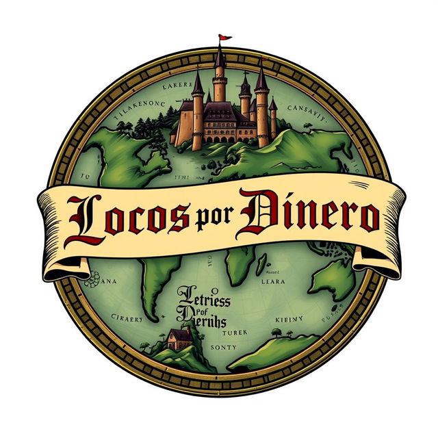 A medieval-themed logo featuring an intricately designed world map that combines elements of fantasy and historical architecture, with a banner across it that reads 'Locos por Dinero' in bold, ornate lettering