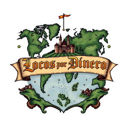 A medieval-themed logo featuring an intricately designed world map that combines elements of fantasy and historical architecture, with a banner across it that reads 'Locos por Dinero' in bold, ornate lettering