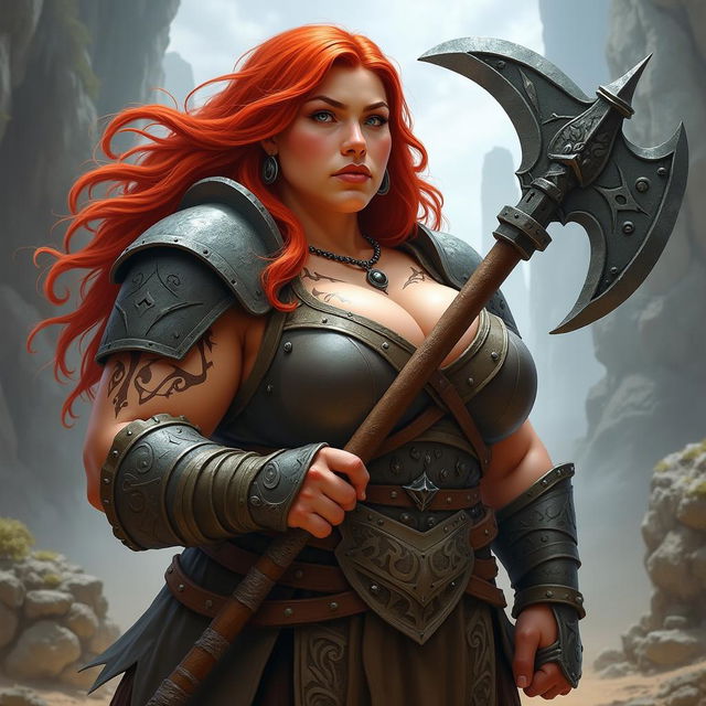 A chubby D&D inspired female dwarf barbarian with vibrant red hair, exuding strength and determination