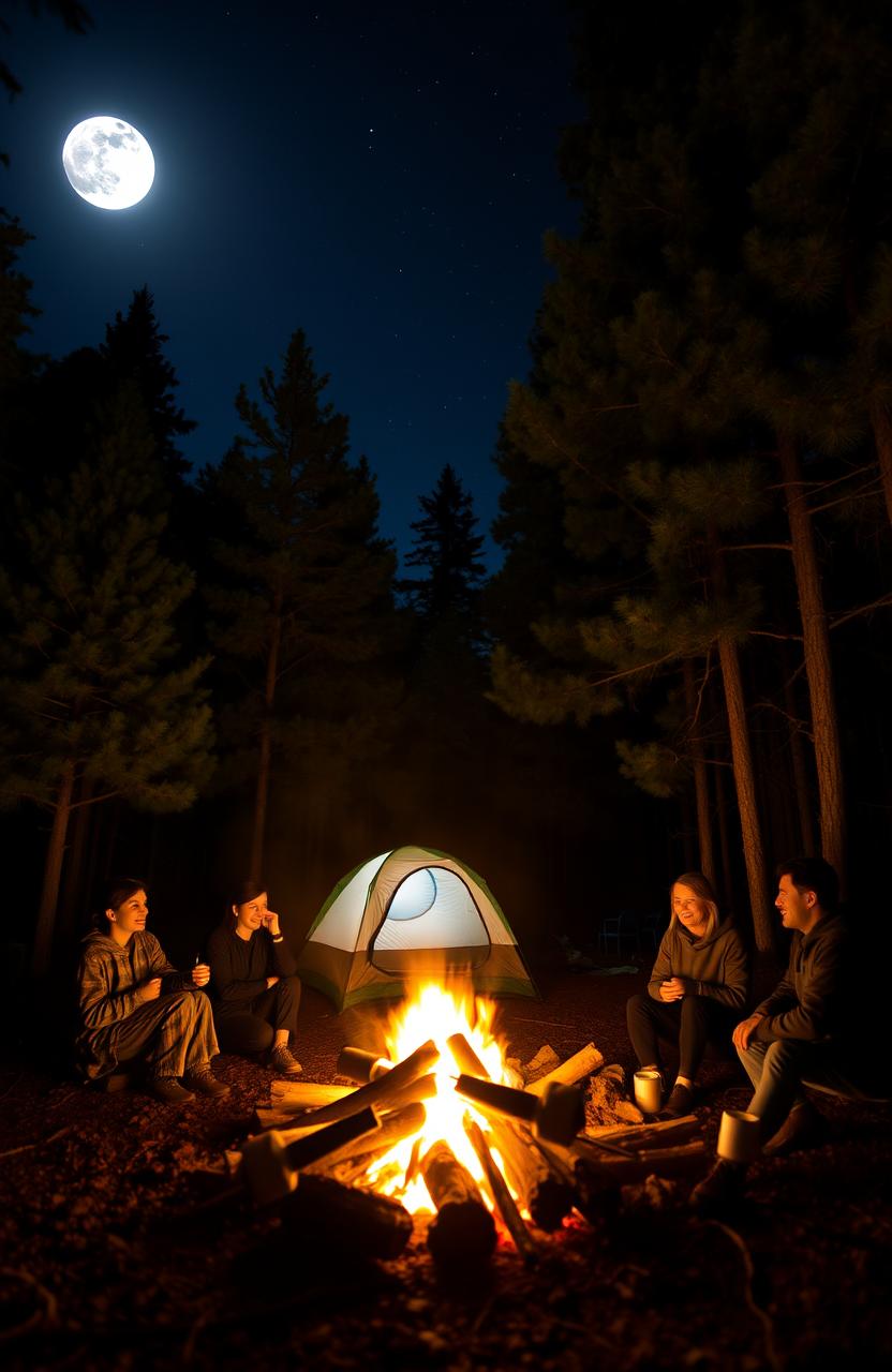 A peaceful night scene at a campsite surrounded by tall pine trees illuminated by a full moon