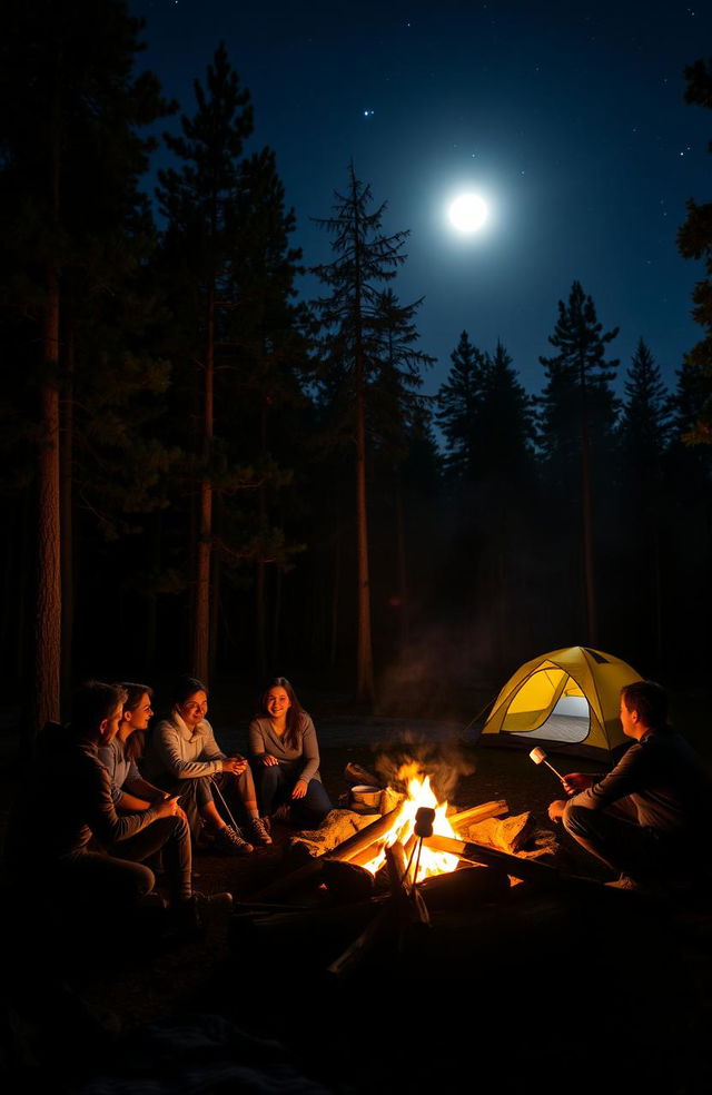 A peaceful night scene at a campsite surrounded by tall pine trees illuminated by a full moon