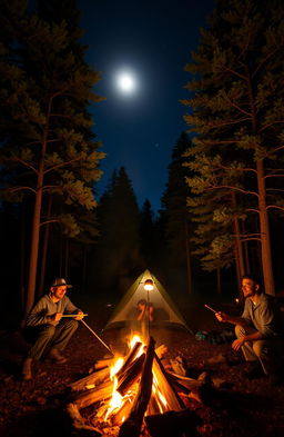 A peaceful night scene at a campsite surrounded by tall pine trees illuminated by a full moon