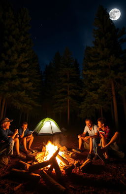 A peaceful night scene at a campsite surrounded by tall pine trees illuminated by a full moon