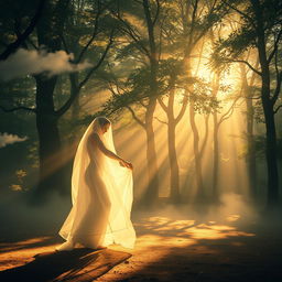 A mystical scene titled 'L’Ombre et la Lumière', depicting a beautiful dance between shadow and light