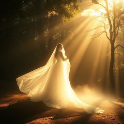 A mystical scene titled 'L’Ombre et la Lumière', depicting a beautiful dance between shadow and light