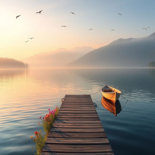 A serene landscape depicting a tranquil lake at sunrise, surrounded by mist-covered mountains