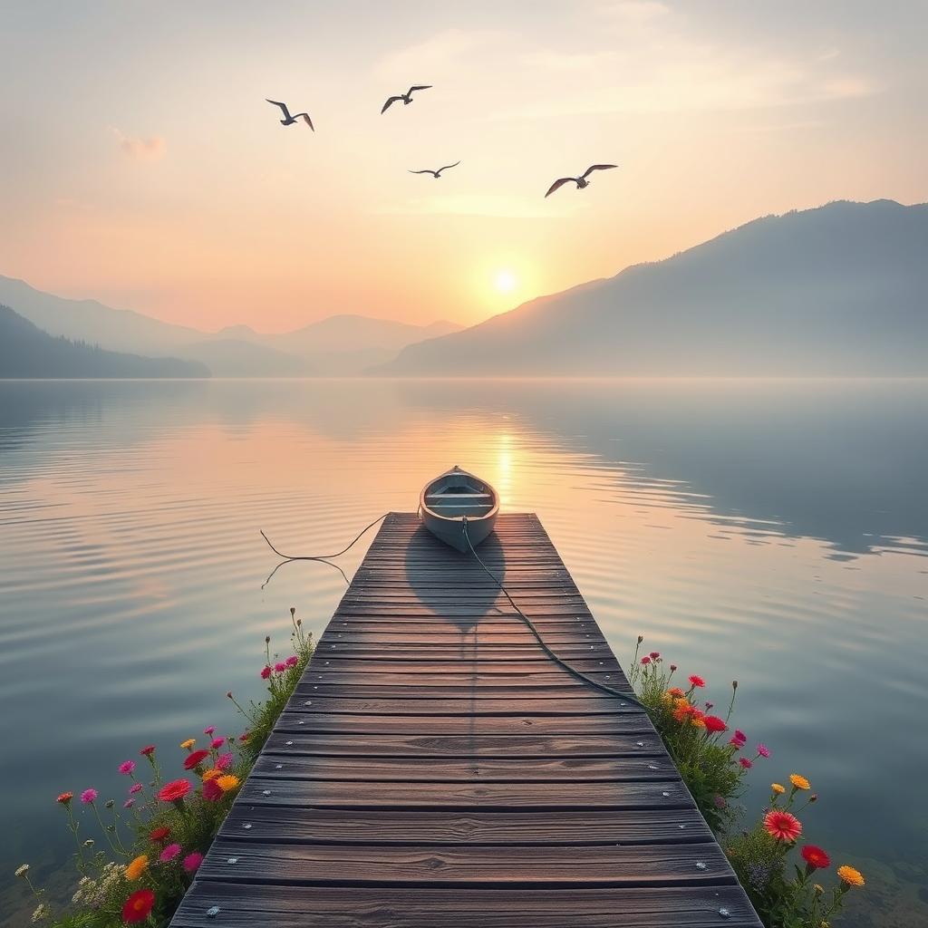 A serene landscape depicting a tranquil lake at sunrise, surrounded by mist-covered mountains