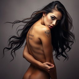 A provocative and alluring young woman in an artistic pose that reveals her confidence and femininity, featuring intricate body art and flowing hair, with a soft, ethereal background that enhances her beauty