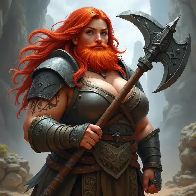 A powerful female warrior with long, flowing red hair and a soft red beard, wearing intricate medieval armor