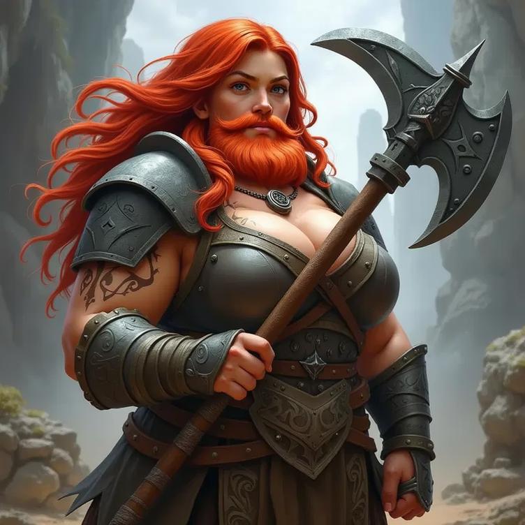 A powerful female warrior with long, flowing red hair and a soft red beard, wearing intricate medieval armor