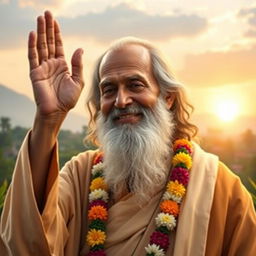A serene portrait of Sai Baba, embodying wisdom and compassion, with a gentle smile