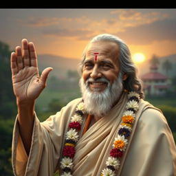 A serene portrait of Sai Baba, embodying wisdom and compassion, with a gentle smile