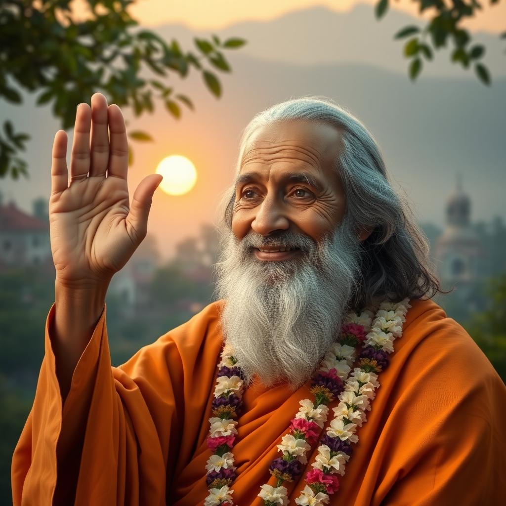 A serene portrait of Sai Baba, embodying wisdom and compassion, with a gentle smile