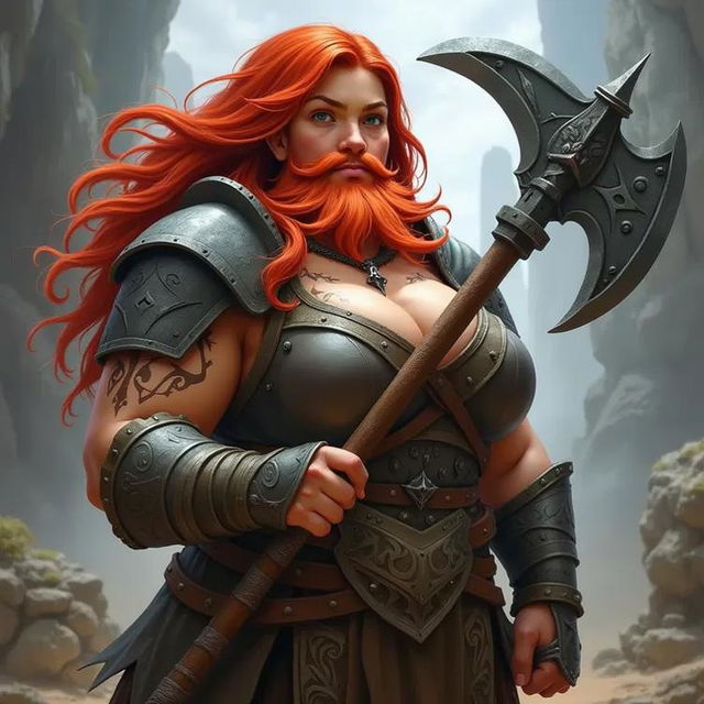 A powerful female warrior with long, flowing red hair and a soft red beard without a mustache, wearing intricate medieval armor