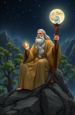 A mystical and wise sage sitting peacefully atop a rocky mountaintop, surrounded by ancient trees with lush green leaves, under a starry night sky
