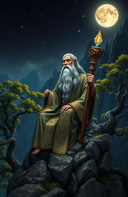A mystical and wise sage sitting peacefully atop a rocky mountaintop, surrounded by ancient trees with lush green leaves, under a starry night sky