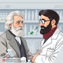 An artistic illustration showing two distinguished figures, Pasteur and Professor Mir Shamsi, prominently featured in the center of the image