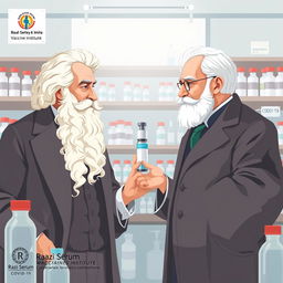 An artistic illustration showing two distinguished figures, Pasteur and Professor Mir Shamsi, prominently featured in the center of the image