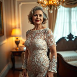 An elegant, mature woman wearing a beautifully designed lace outfit, standing gracefully in a softly lit, luxurious bedroom environment
