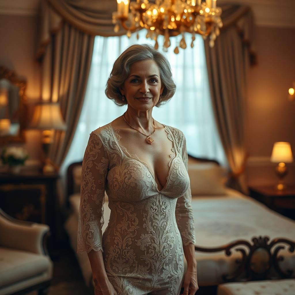 An elegant, mature woman wearing a beautifully designed lace outfit, standing gracefully in a softly lit, luxurious bedroom environment
