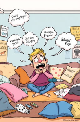 A humorous illustration depicting fibromyalgia syndrome in a funny and light-hearted manner
