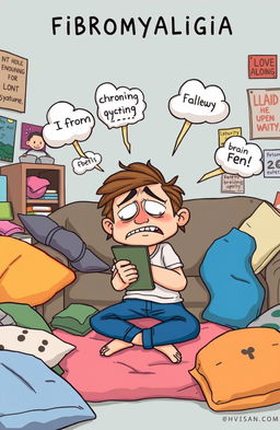A humorous illustration depicting fibromyalgia syndrome in a funny and light-hearted manner