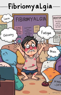 A humorous illustration depicting fibromyalgia syndrome in a funny and light-hearted manner